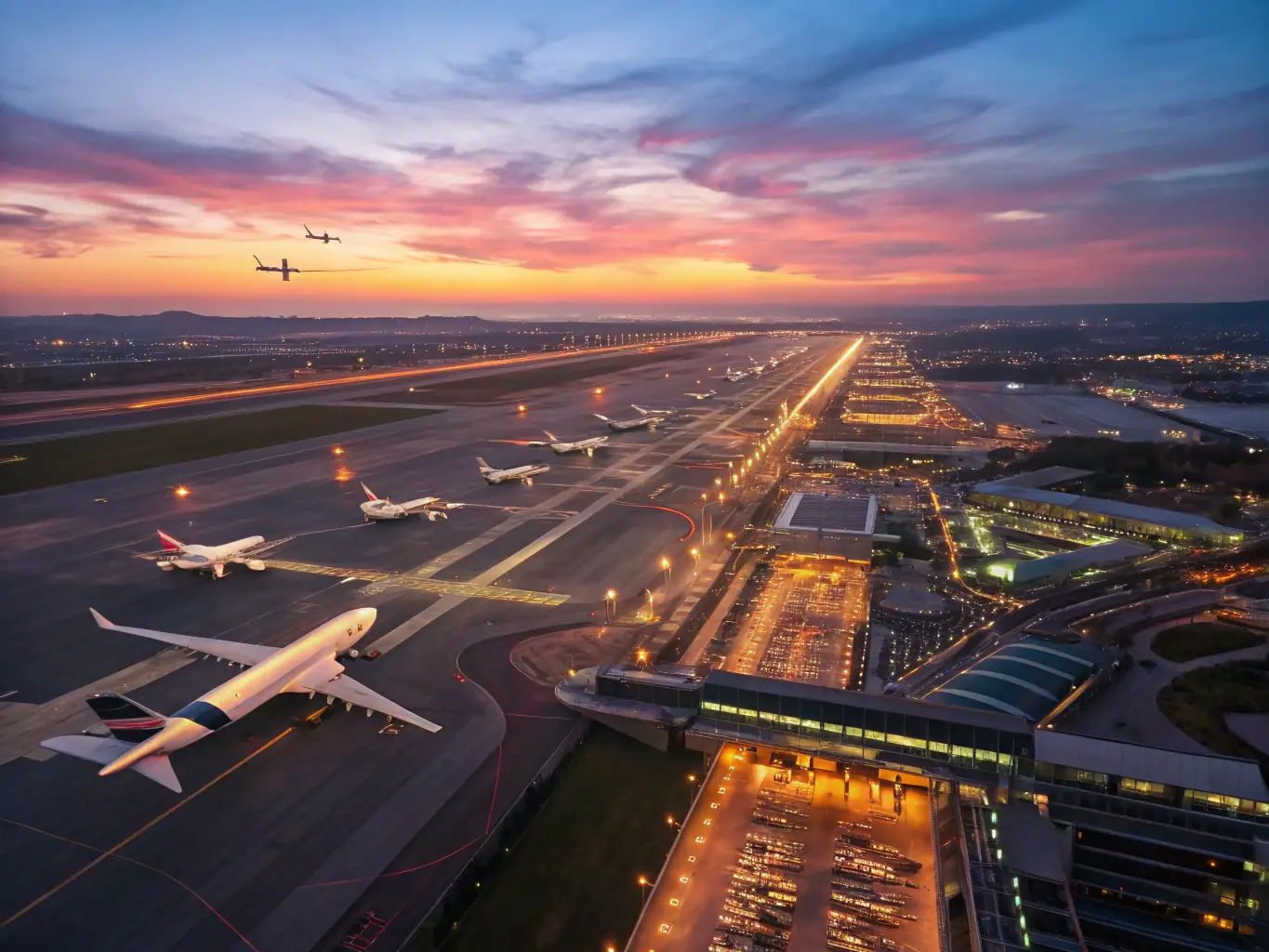 A high-angle shot of an airport control tower at dusk, with planes taking off in the background, emphasizing the critical role of drug testing in ensuring aviation safety.