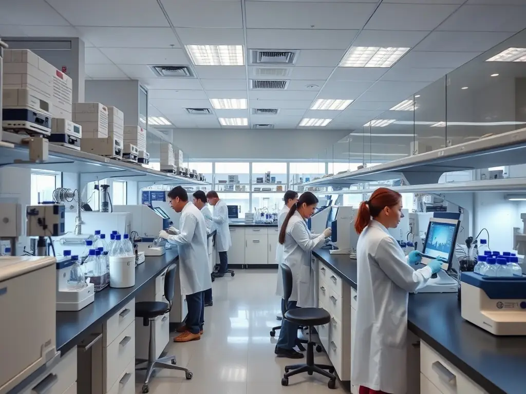 A clean and modern hospital laboratory with medical professionals analyzing samples, showcasing the role of drug testing in patient care and regulatory compliance.